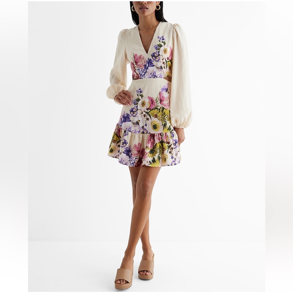 Floral V-Neck Long Puff Sleeve
Cutout Mini Dress - Picture 2 of 10